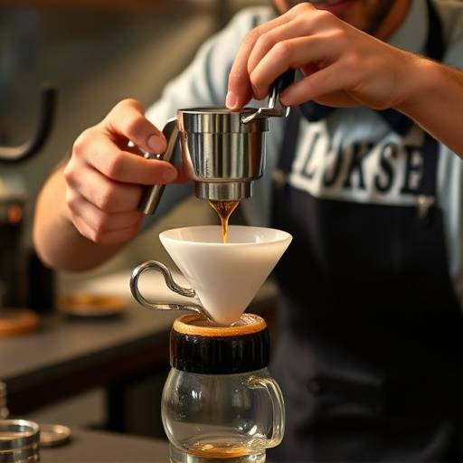 A barista carefully performing a pour-over coffee brewing technique, showcasing precision and attention to detail.