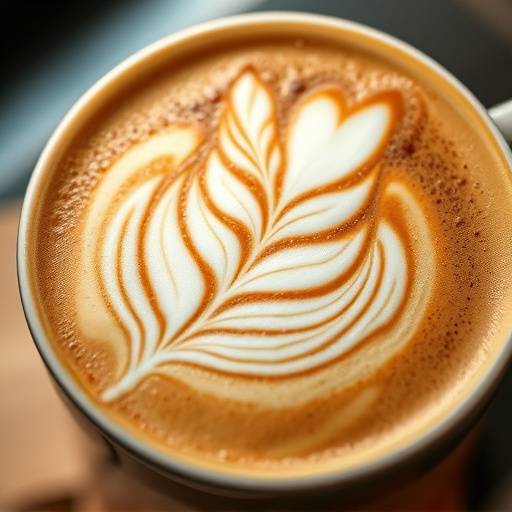A close-up photograph of intricate latte art depicting a fern frond in a cappuccino, showcasing the barista's skill.