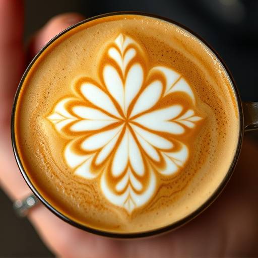 A close-up shot of a barista creating intricate latte art in a cappuccino cup. The delicate foam design features a beautiful floral pattern, showcasing the barista's skill and attention to detail.