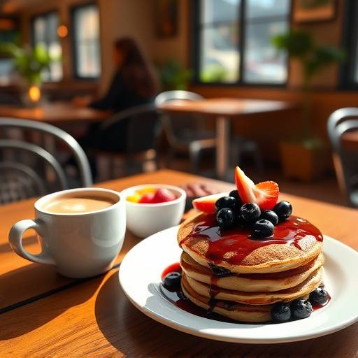A cozy breakfast scene at The Daily Grind Cafe, with a table set for two, featuring steaming cups of coffee, a plate of blueberry pancakes, and a bowl of fresh fruit. The sunlight streaming through the window creates a warm and inviting ambiance.