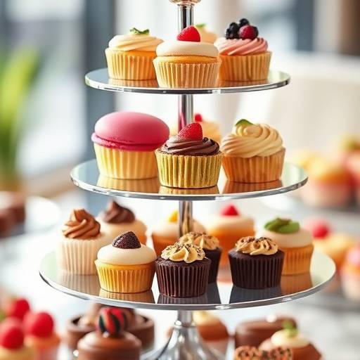 A delectable assortment of gourmet pastries, including macarons, cupcakes, and mini tarts, attractively displayed on a tiered stand.
