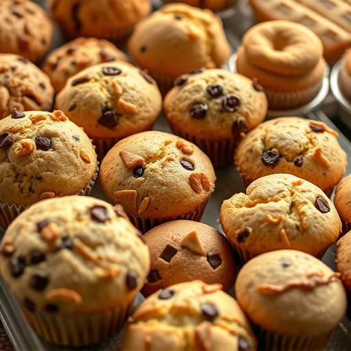 A delectable selection of vegan pastries, including muffins, scones, and cookies, arranged artfully on a display stand.