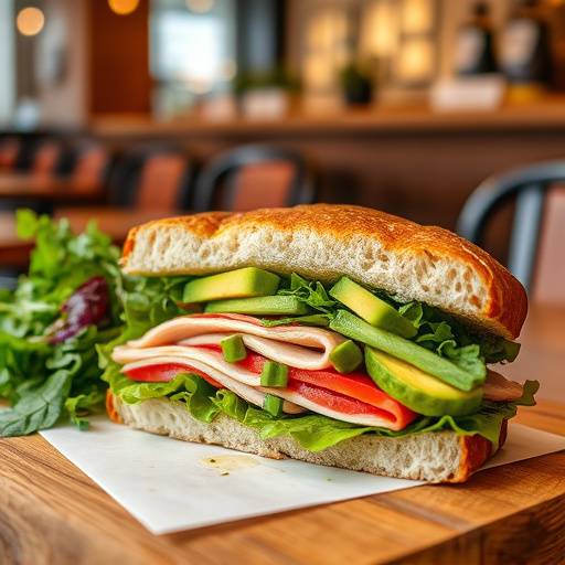 A delicious and healthy lunch option at The Daily Grind Cafe, featuring a freshly made sandwich with turkey, avocado, and lettuce, paired with a vibrant salad of mixed greens, tomatoes, cucumbers, and a light vinaigrette dressing.