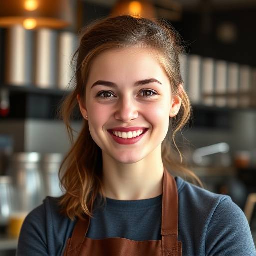 A portrait of Emily Carter, co-founder and head barista of The Daily Grind Cafe, smiling warmly.
