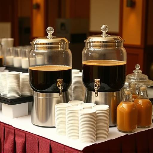 A professional catering setup featuring coffee urns, cups, and condiments, ready for serving a large group.