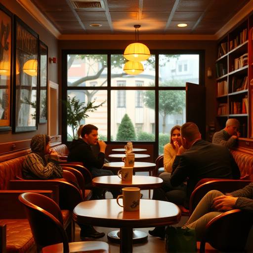 A vibrant and cozy cafe interior featuring comfortable seating, warm lighting, and customers enjoying coffee and conversation.