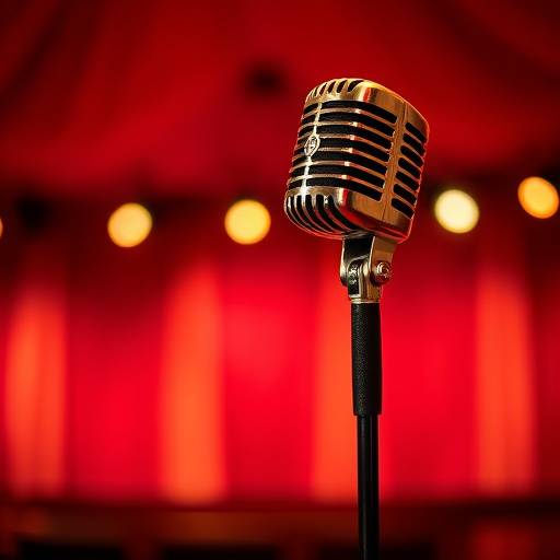 A vintage microphone on a stand, symbolizing an open mic night event.