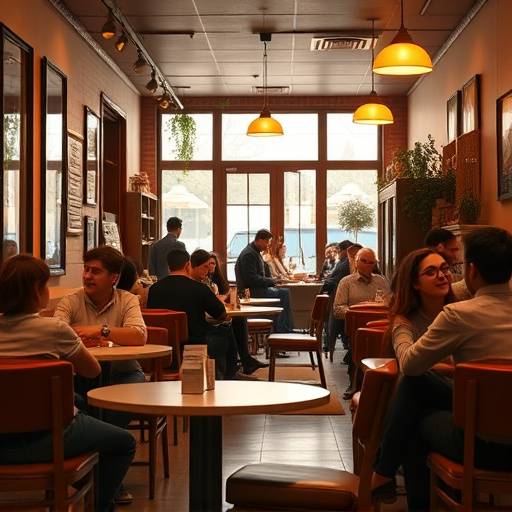 A warmly lit, inviting interior of The Daily Grind Cafe, showing comfortable seating and happy customers.