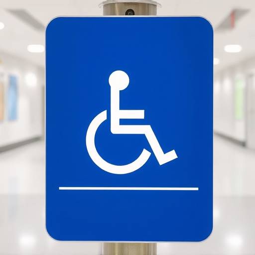 A wheelchair access symbol displayed on a sign, indicating accessible facilities.