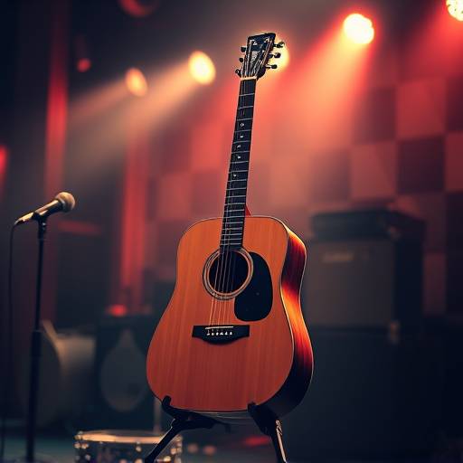 Acoustic guitar resting on a stand with soft lighting, suggesting a live music performance.