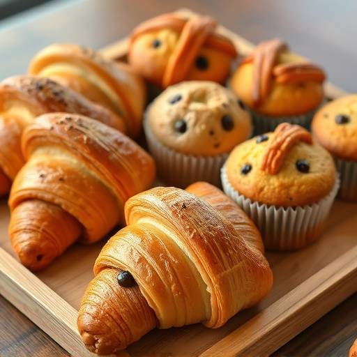 An assortment of freshly baked pastries, including croissants, muffins, and scones, displayed on a wooden tray.