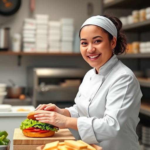 Chef Maria Rodriguez preparing a sandwich. She is smiling and the kitchen is brightly lit and organized.