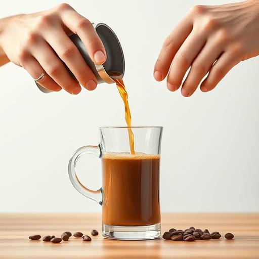 Hands pouring coffee into a glass cup from a glass coffee brewing device, demonstrating a coffee brewing technique.