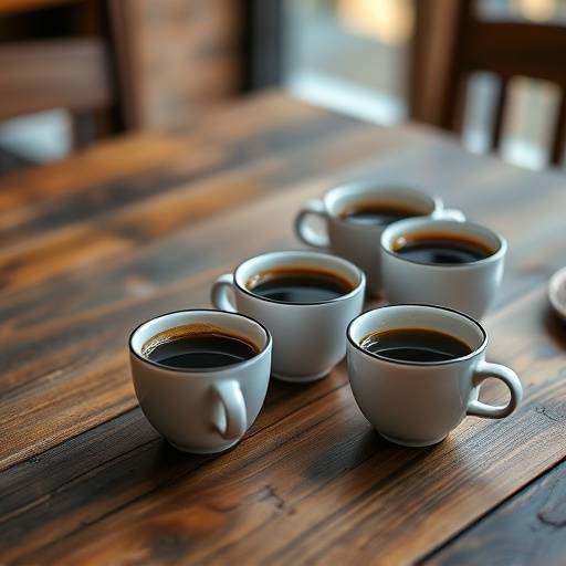 Several small cups of coffee arranged on a wooden table, ready for a coffee tasting event.