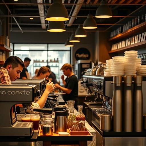 The bustling coffee bar at The Daily Grind Cafe, with baristas expertly preparing coffee drinks for customers. The bar is equipped with state-of-the-art espresso machines, grinders, and a variety of coffee beans and syrups.
