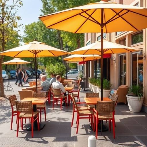 The outdoor seating area of The Daily Grind Cafe, featuring comfortable chairs and tables under large umbrellas, providing shade and relaxation for customers enjoying their coffee and food in the fresh air.
